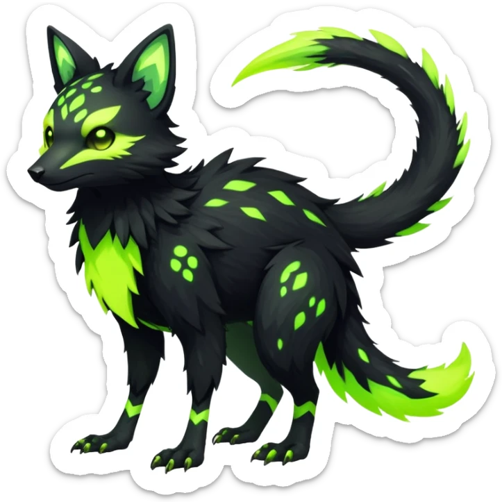 Rare realistic black edgy toxic radioactive-themed black fur with neon-lime-green-glowing  epic handsome gorgeous aesthetic vibrant Vernid-Trico-species-Fakemon-creature by LiLaiRa, 4 legs, 1 tail, random markings, (full body) sticker