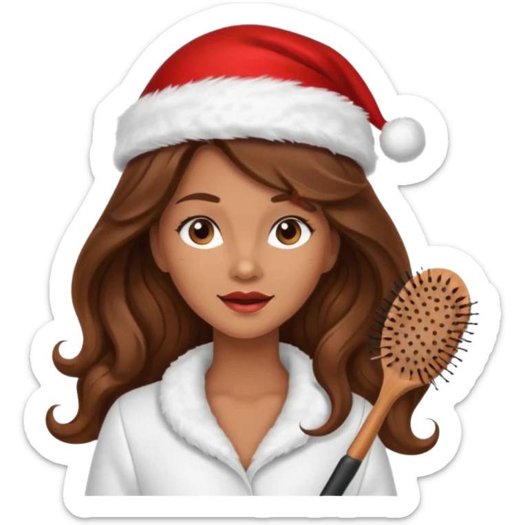 mujer peinandose en la peluqueria y con un gorro de navidad, cabello largo café y ondulado sticker