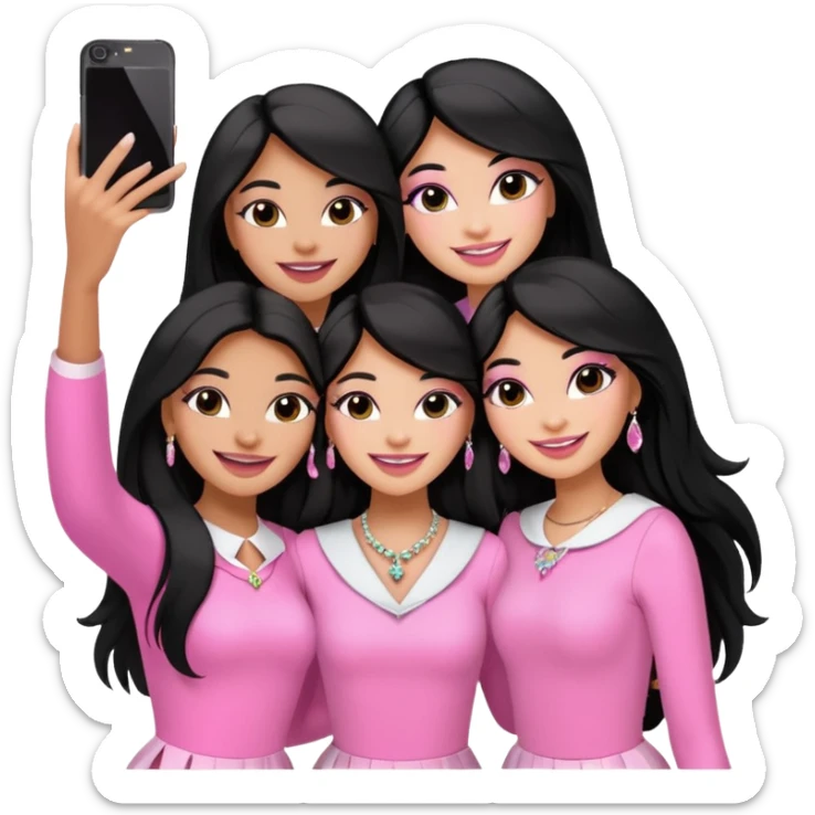 3 besties with professional glammed up looks wearing pink and white, medium skin tone smiling big with black long hair. Very girly wearing jewelry, taking a selfie  sticker