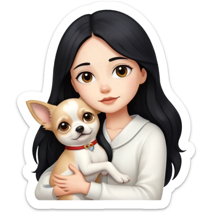 Fair skin girl - long black hair - white clothes - hugging a chihuahua sticker