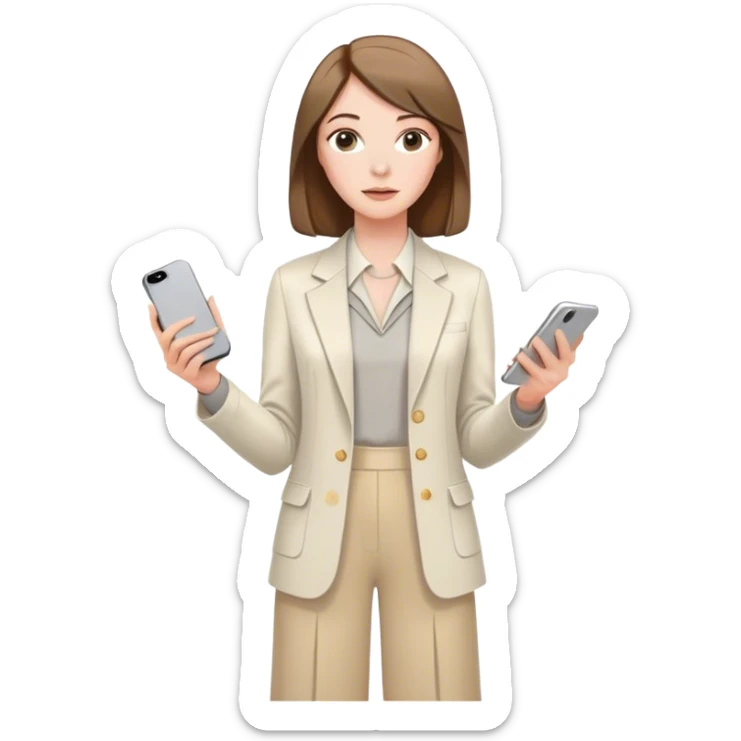 pale skin woman with brown Straightened bob Hair, White Spacious classical jacket, beige palazzo Arrow pants and gray blouse, beige dress holding white IPhone 15 pro in the hands sticker