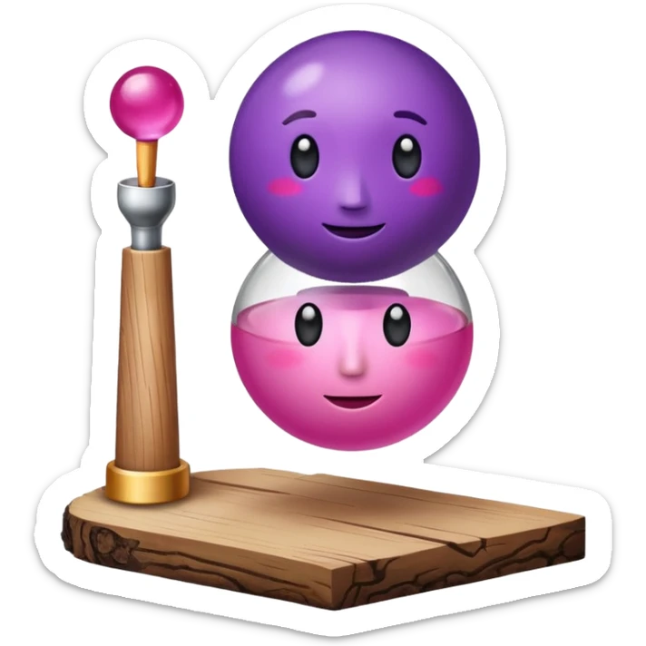 A half pink half purple ball with a face wooden stem followed by a glass stem on top of the wood stem tilted 90 degrees sticker