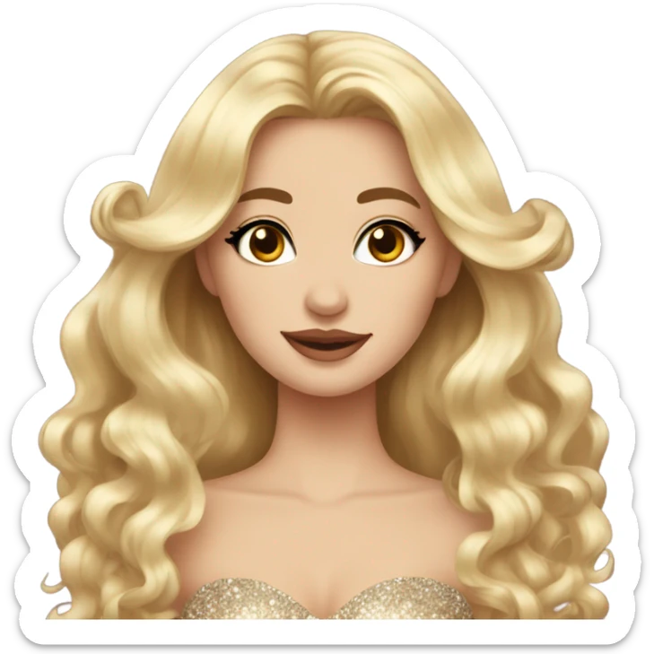 Gorgeous blonde woman, brown eyes, long wavy hair with bows, wearing a sparkly gown sticker