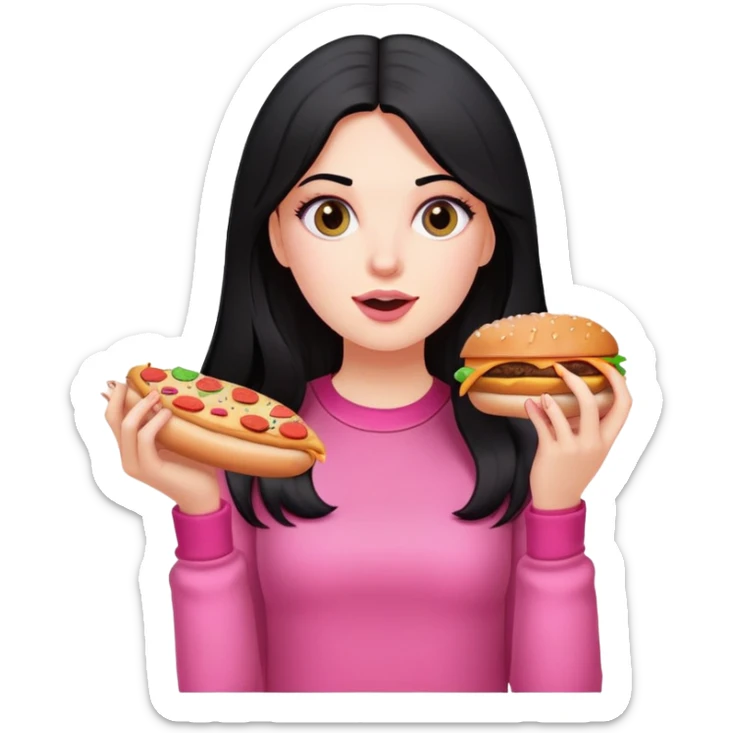 White girl in pink clothes and long black hair eating burger and pizza sticker