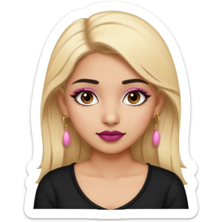 Sweet Indian girl blonde hair darkbrow eyes brown lipstick, pink blush, black top gold earrings, brown eyebrows  sticker