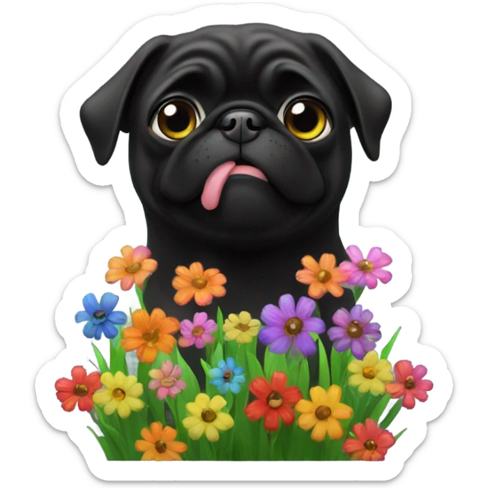 Black pug , surrounded by flowers, holding a green sign that says “good luck”  sticker