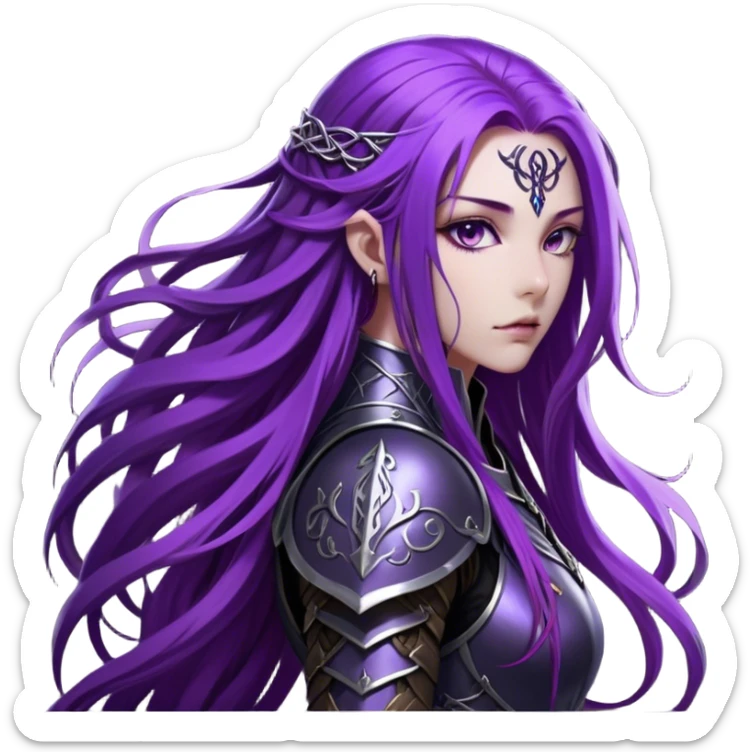 A mysterious warrior girl with long, flowing purple hair cascading down her back, strands catching the dim light like silk. Her piercing violet eyes glow. She wears sleek black armor, a perfect fusion of elegance and lethality, adorned with intricate silver engravings resembling ancient runes.  sticker