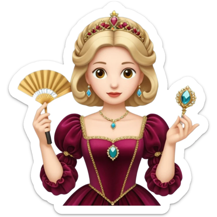 An emoji portrait of a Renaissance Italian princess. She wears a sumptuous velvet gown with a square neckline and puffed sleeves. Her hair is styled with a jeweled ferronnière, and her expression is poised and intelligent. She is holding a small, delicate fan. sticker