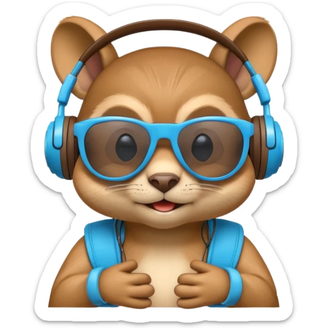 A high-detail 3D cartoon emoji of a cool chipmunk wearing oversized glowing blue DJ headphones and white retro sunglasses, expressive smirk, vibrant colors, white background, high gloss. sticker