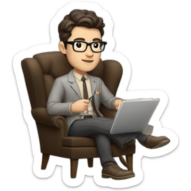 Pale skinned Fit Man With dark brown hair in gray jacket, beige office shirt and vintage glasses sitting In a soft chair with a notebook with emblem Ψ and a pen in his hands sticker