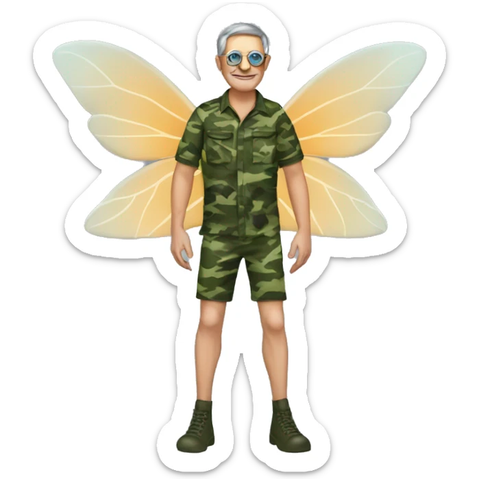 a middle aged madwith fairy wings, and swimming fippers. have him dresed in camo sticker