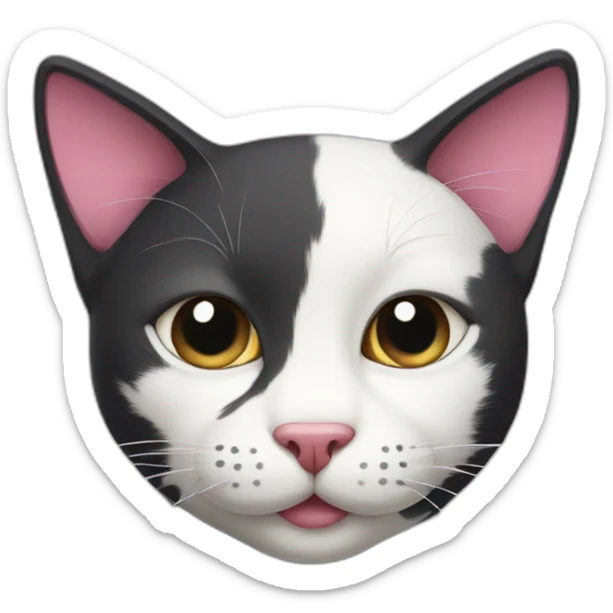 Black cat with white and pink nose and white spots around the mouth and a white neck sticker