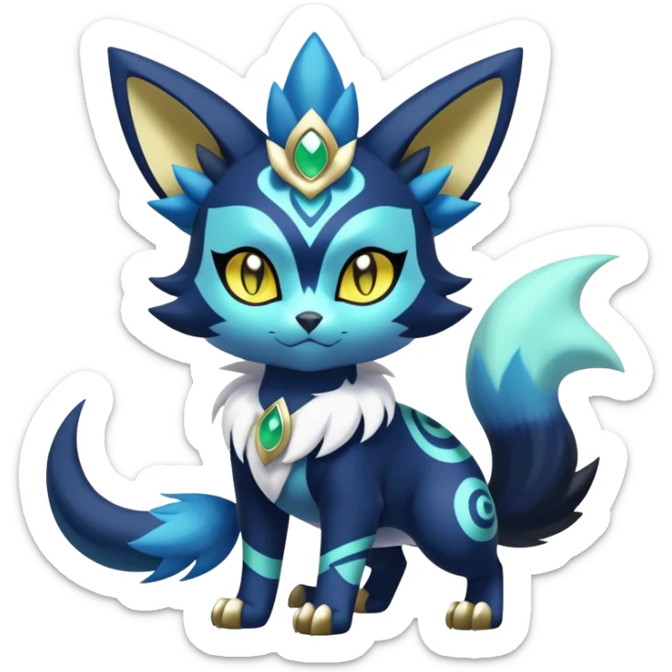 Shiny Greeb Exotic Badass Colorful Ethereal Royal Mysterious Gothic Meowstic-Zorua-Litten-Noibat-Pokémon-Fakémon-hybrid-creature (full body) with pattern-markings with golden eyes sticker