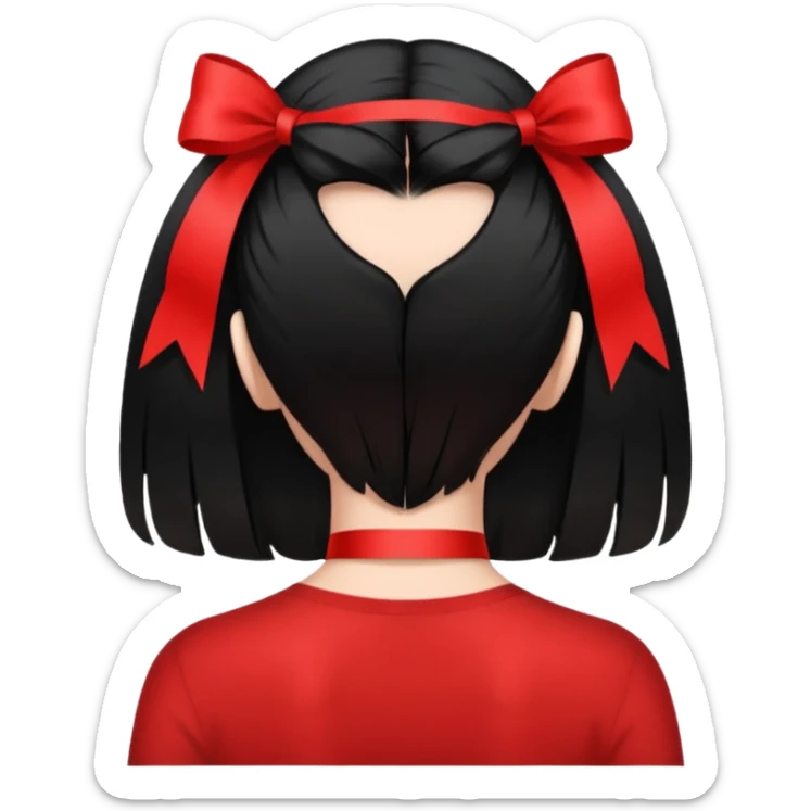 a girl back view that have a red ribbon in the middle of her hair the hair is black  sticker