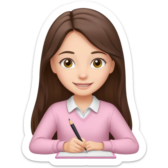 smiling long brunette hair girl hazel eyes wearing light pink clothes writing sticker