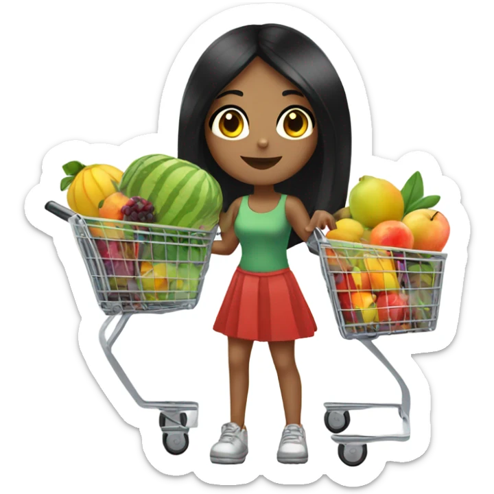 Girl with black hair with shopping cart full of fruits sticker