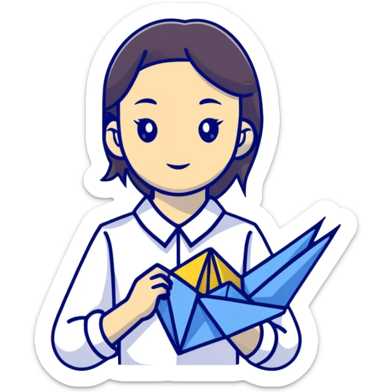 A Ukrainian young girl wearing a white embroidered shirt holds an origami yellow-blue crane sticker