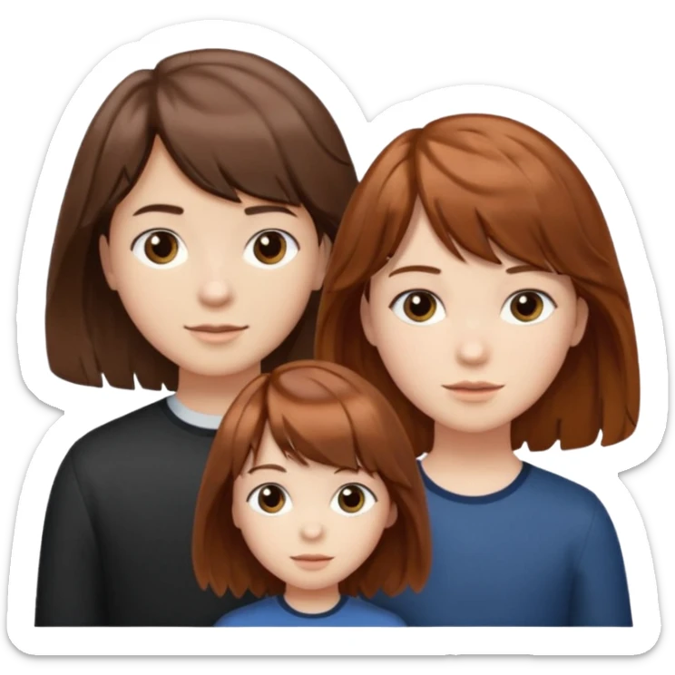Two girls and a boy. Girl one has long, wavy, light to reddish-brown hair with bangs. Girl two has a dark-colored bob haircut. The boy has wavy, tousled, light to reddish-brown hair with a right side parting.
 sticker
