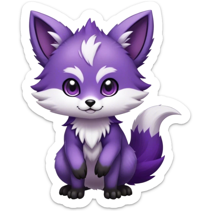  High quality Cute Cool Kawaii edgy Chibi Fur-Sona Purple fur, white belly, white tail-tip, black legs, Fakemon-creature-animal-vernid-hybrid Full Body, facial markings sticker