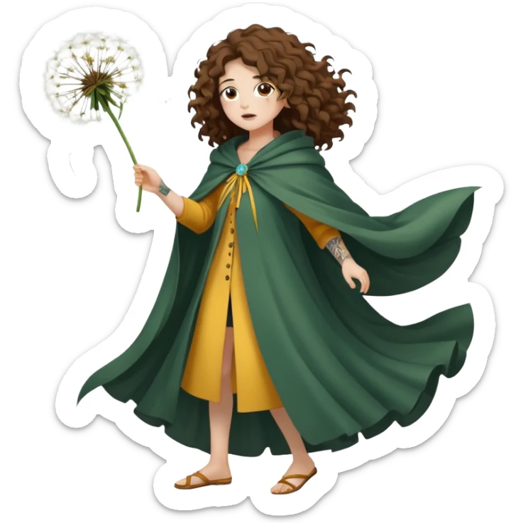 full body woman long curly brown hair brown eyes white skin tattoos dandelion seed cloak blowing apart around her sticker