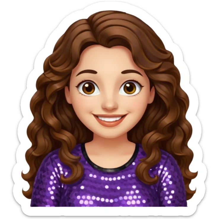 30 yr old italian woman, long brown wavy hair, big brown eyes, huge smile, sequin shirt, no bangs, a bit chubby sticker