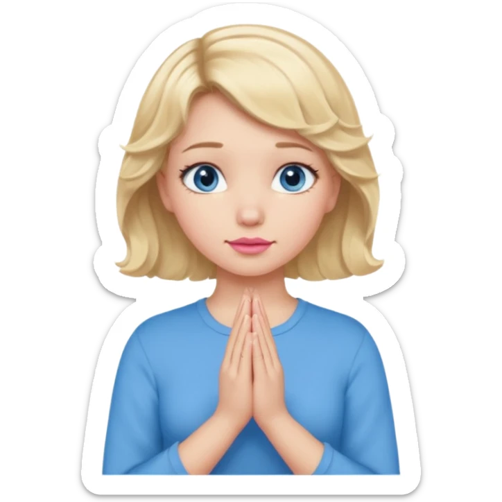 Girl Blonde short wavy hair,  blue eyes, cute blue top, long lashes, pink lips, praying hands sticker