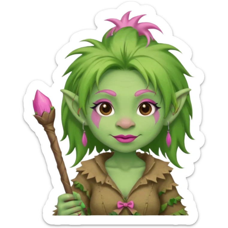 A green troll with green hair and brown and tan raggedy clothes on holding a brown stick with pink lipstick, long eyelashes and pink nails sticker