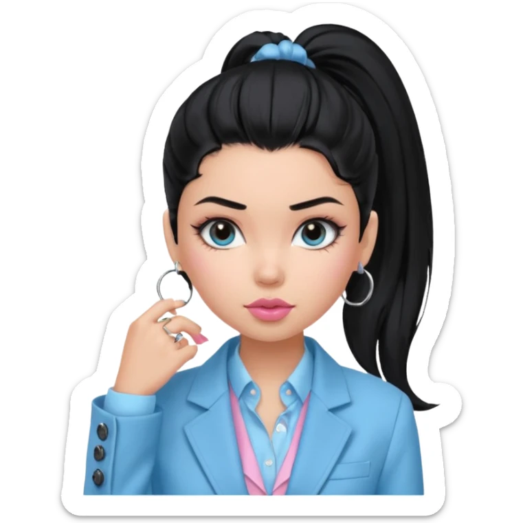 generate a pretty bratz girl with black hair tied up in a single ponytail. wearing a light blue full sleeve shirt and a black blazer over it. silver small hoops, pink lipgloss.  sticker