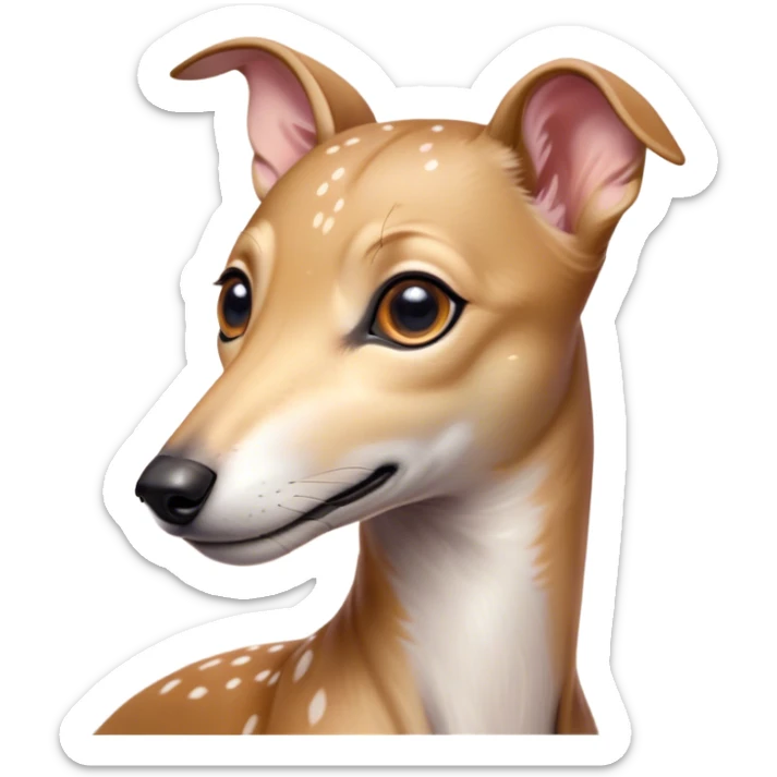 Cinematic Cute Fawn Greyhound Portrait Emoji, Head tilted playfully and inquisitively, featuring a sleek fawn Fur with a gentle sheen, round, sparkling eyes filled with curiosity, Simplified yet irresistibly adorable features, highly detailed, glowing with a warm, friendly glow, high shine, affectionate and nimble, stylized with a touch of whimsy, bright and endearing, soft glowing outline, capturing the essence of a mischievous yet loving racer, so playful it feels like it could sprint out of the screen and into your arms! sticker