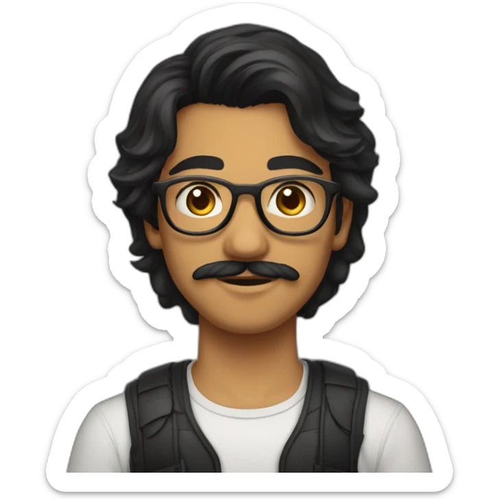 Indian teenager, with moustache and a goatee, with long wavy black hair,jawline, wearing glasses sticker