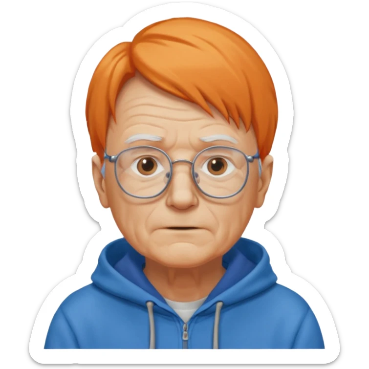 old man, orange straight hair, no mustache, wearing glasses, long face, wearing a blue hoodie sticker