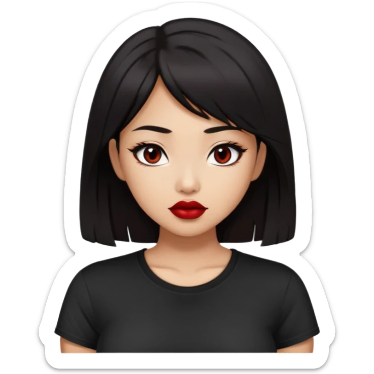 Dark haired Asian looking girl with dark eyes wearing a black t-shirt and large breasts. Lips with dark red lipstick
 sticker