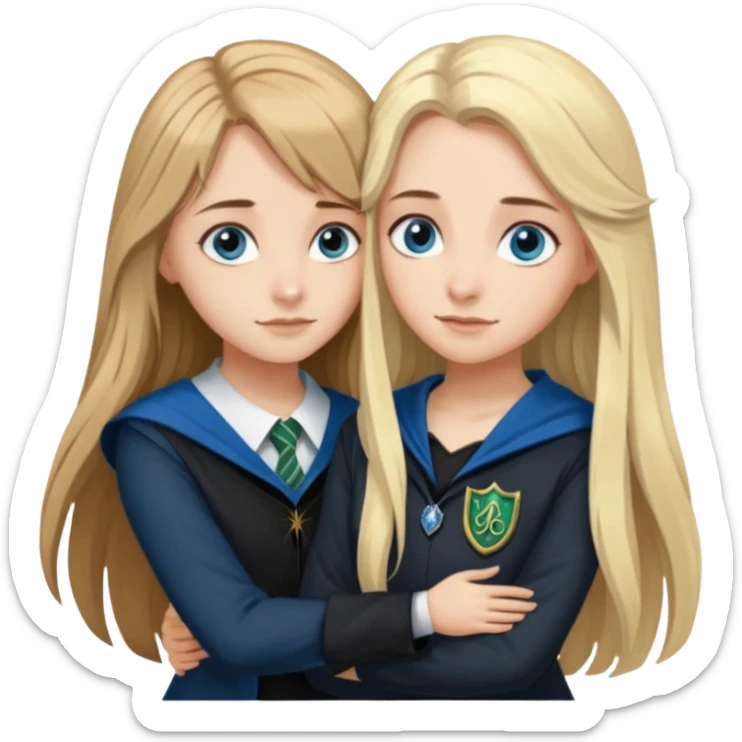 a pretty ravenclaw girl with long brown hair and blue eyes standing with a hot Slytherin girl with long blonde hair, blue eyes sticker