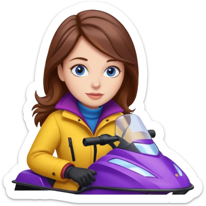Brown hair, blue eyes, Woman wearing red coat  on purple and yellow snowmobile sticker