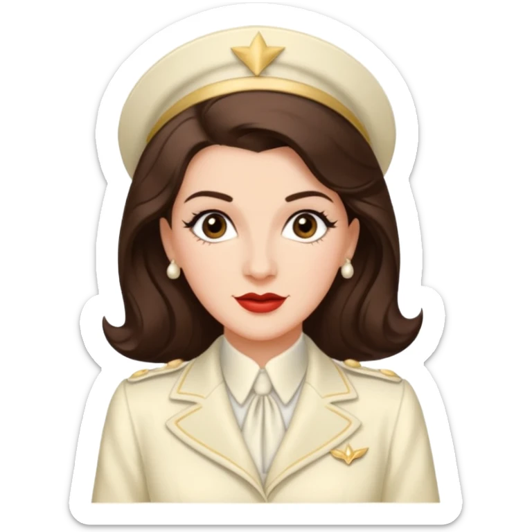 Maxene Andrews from The Andrews Sisters with long dark brown hair, ivory outfit sticker