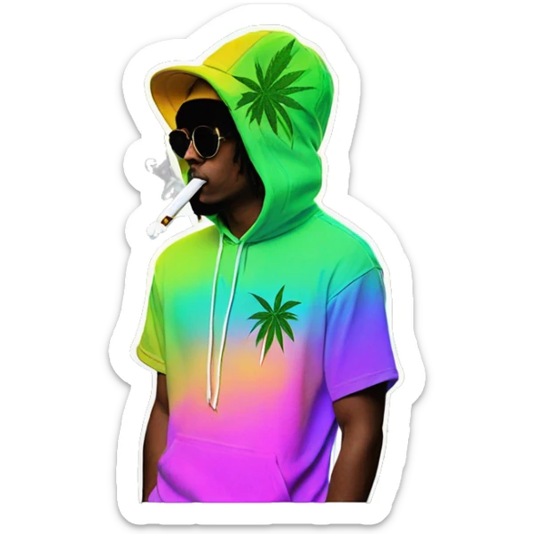 Hemp leaves Multicoloured neon person smoking wearing hoodie dancing hip hop bucket hat tropical Skater fashion aesthetic baggy clothes graphic t shirt 420 sticker