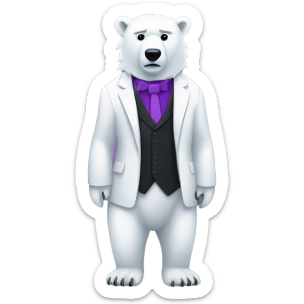 knarfy the polar bear in a black suit with a purple shirt under it on a squar plane with pixels. sticker