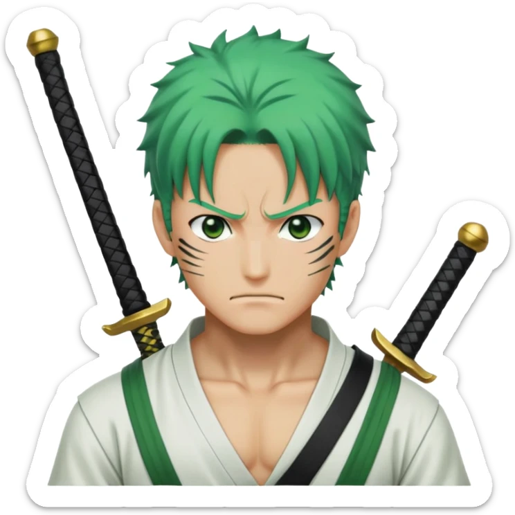 Roronoa Zoro with green hair, three swords, white shirt, green haramaki sticker