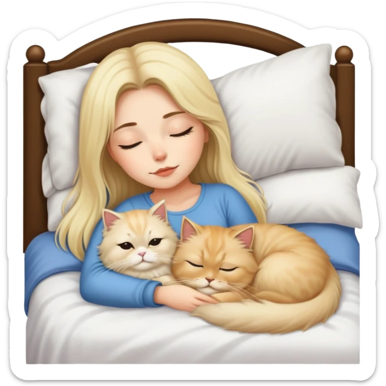 pretty girl with dark long hair sleeping with blonde fluffy  persian cat in bed sticker