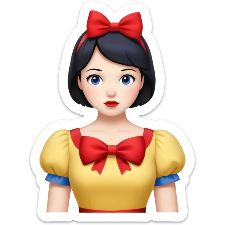 Snow White from hips up, blue and yellow dress, short black hair with red bow, minimal style, larger size sticker