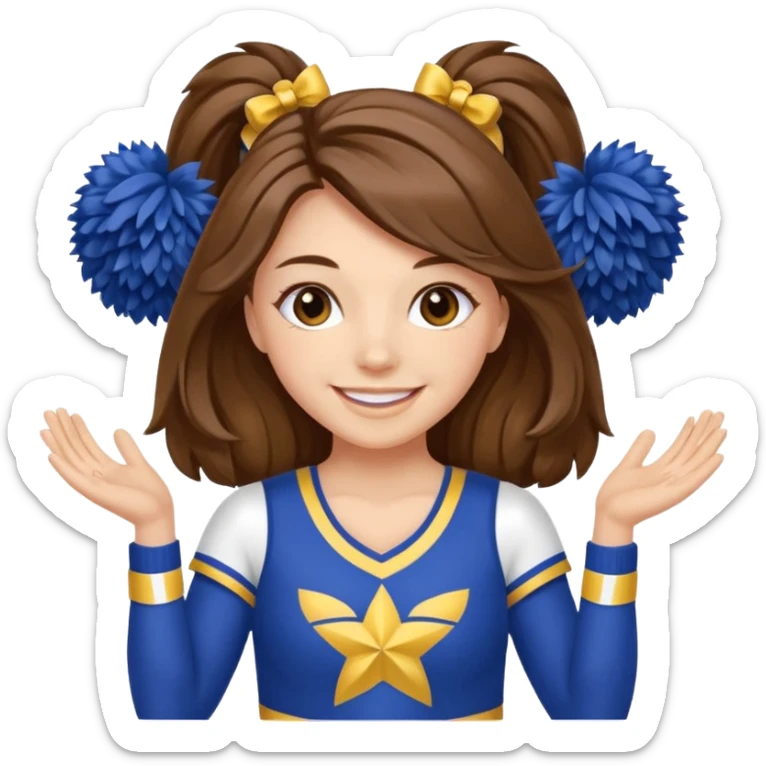 cheerleader with long brown hair and 2 pom poms blue and gold in each hand sticker