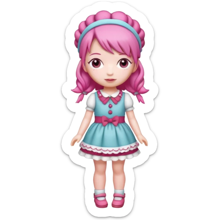 Isolated detaile illustration of the most modern raspberry torte doll figurine full body with pink hair and a hairband sticker