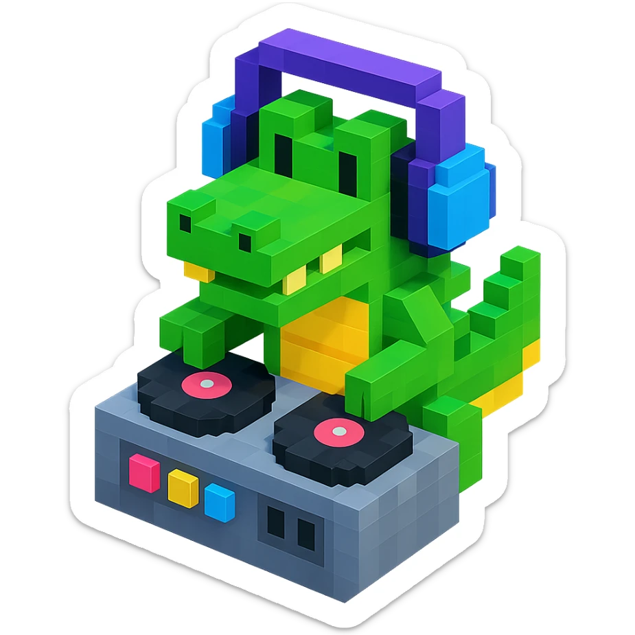 voxel style crocodile DJ with headphones and turntable, isometric view sticker