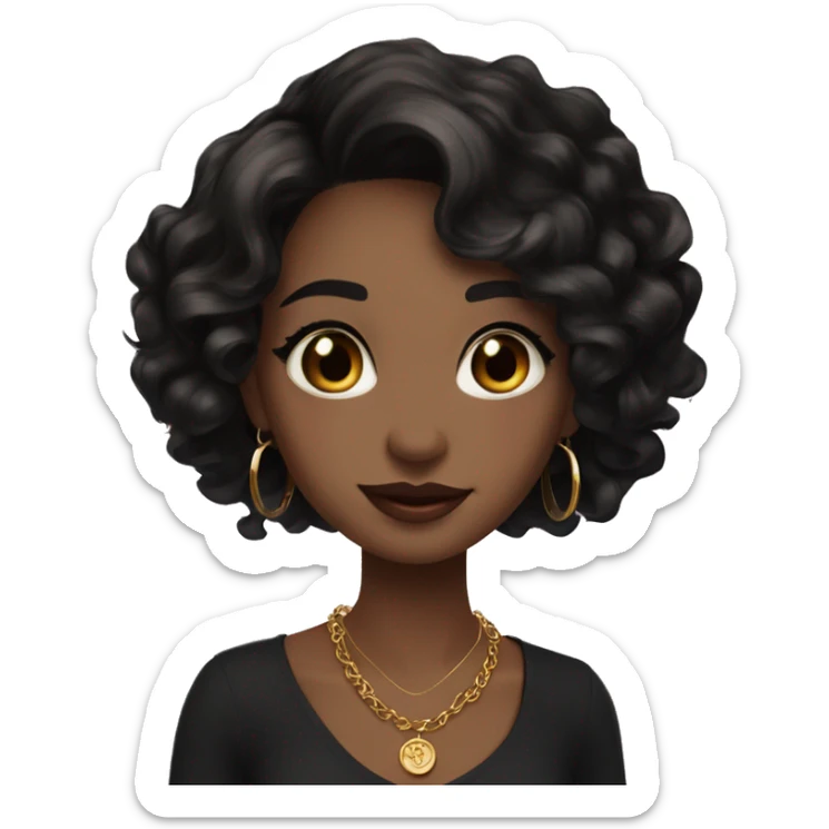 beautiful girl, hazel eyes, shoulder length medium black wavy hair, small rosy lips, hoop earrings and small gold necklace  sticker