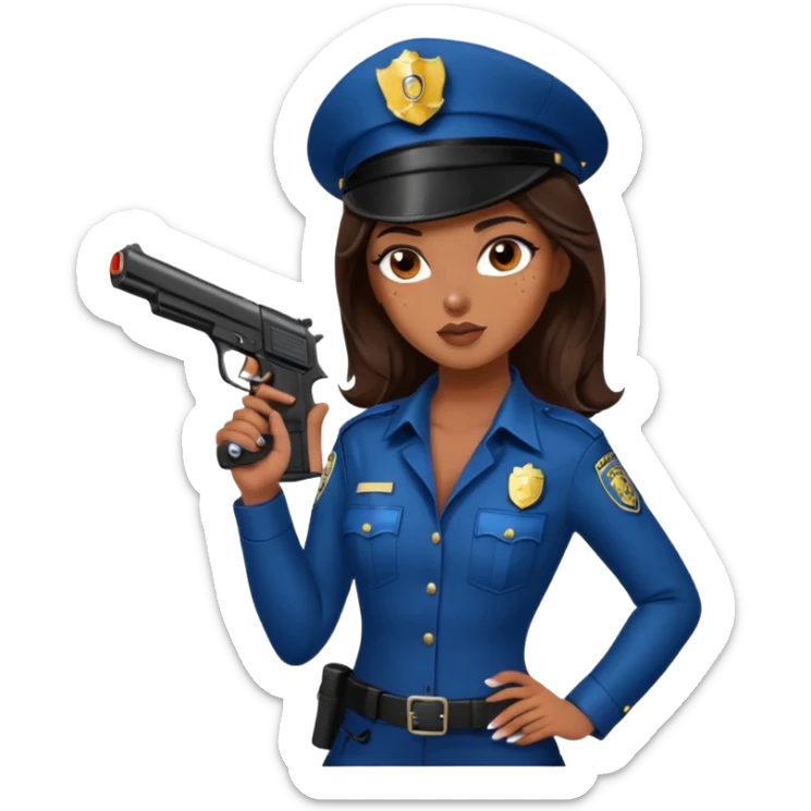 A sexy girl. with caramel skin. Dark brown hair and brown eyes. She has freckles. Wearing sexy makeup. Dressed as a sexy cop. Wearing heels. Holding a gun sticker