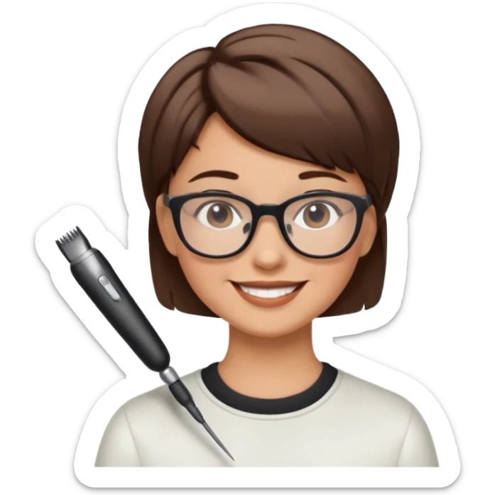 Happy woman with short hair and glasses having haircut sticker