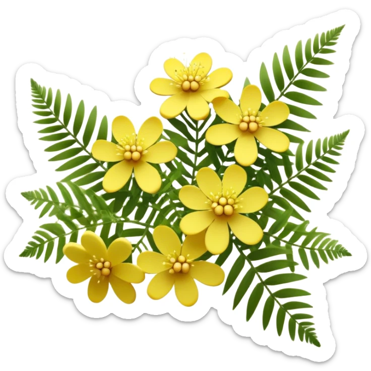 Cinematic Realistic Acacia Emoji, Bright and cheerful, with clusters of fluffy yellow flowers blooming along delicate branches. The wattle’s soft, fern-like leaves sway in the breeze, radiating a sense of warmth and joy. Soft glowing outline, capturing the essence of Australian sunshine, warmth, and beauty in a vibrant acacia tree! sticker
