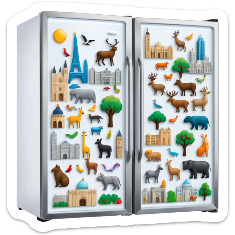 Icon for Magnet Collecting: a close-up of a fridge door covered with a variety of magnets, featuring cities, animals, symbols. The icon should highlight the diversity and charm of magnet collections. Transparent background. sticker