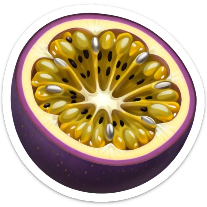 passion fruit, purple outer skin with yellow juicy flesh and black seeds sticker