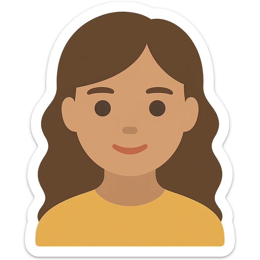 portrait of an Asian girl with medium brown wavy hair and brown eyes, color icon style sticker